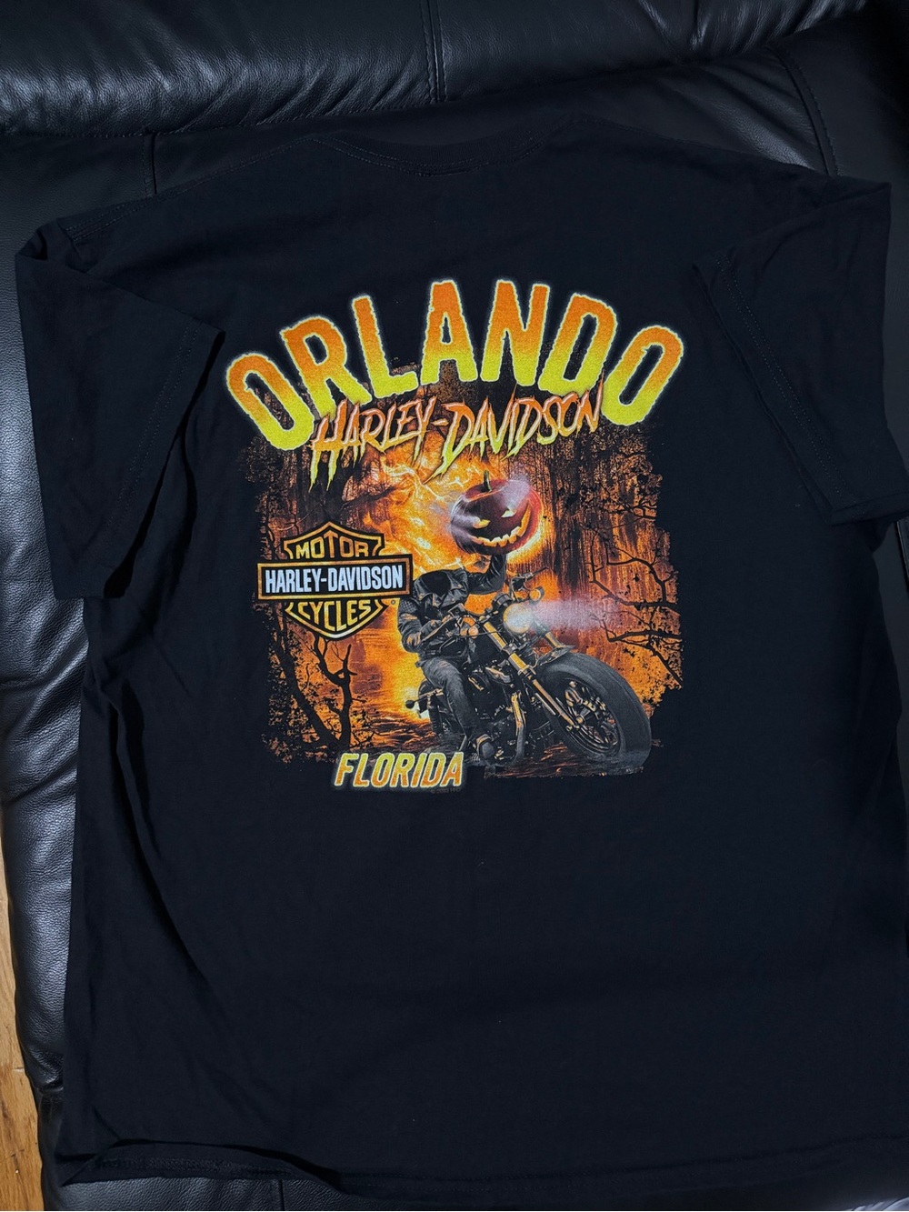 Harley-Davidson Black Tee with Orange & Yellow Orlando Pumpkin Rider Graphic
